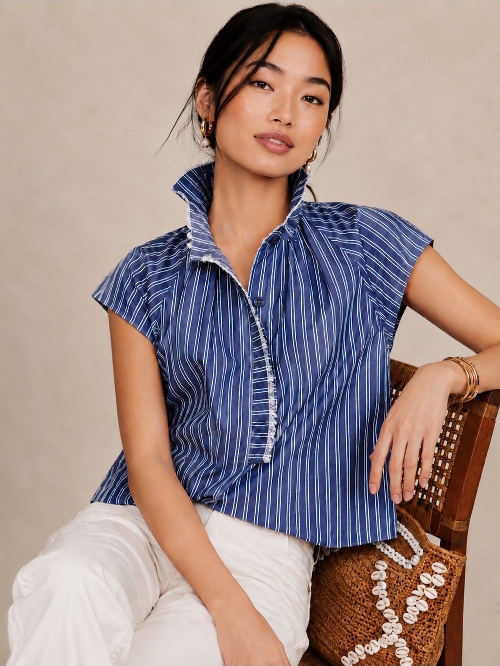 MSRP $345 It’s A Shirt Thing Stella Blue White Raw Hems Stripe Blouse Size XS